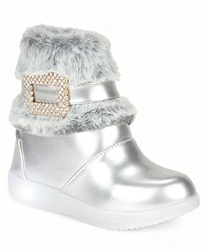 Lil Lollipop Stone Detailed Fur Embellished Zipper Party Boots With Light & Glossy Finish - Silver