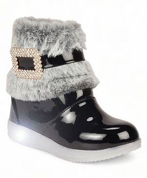 Lil Lollipop Stone Detailed Fur Embellished Zipper Party Boots With LED Light & Glossy Finish - Black