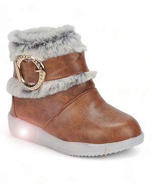 Lil Lollipop Stone Detailed Fur Embellished Zipper Party Boots With LED Light - Light Brown