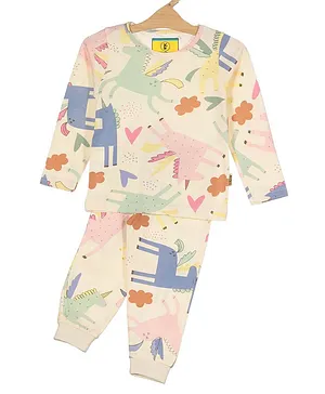Lil Lollipop Full Sleeves Unicorn & Heart Printed Coordinating Tee & Pajama Set - Cream