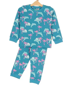 Lil Lollipop Full Sleeves Trees & Dolphin Printed Coordinating Tee & Pajama Set - Blue