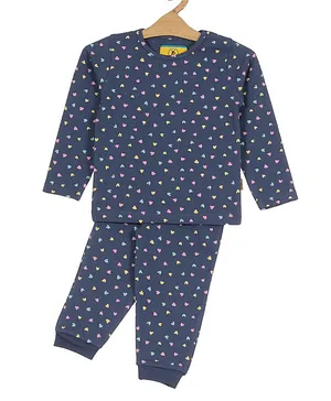 Lil Lollipop Full Sleeves Heart Printed Coordinating Tee & Pajama Set - Navy Blue