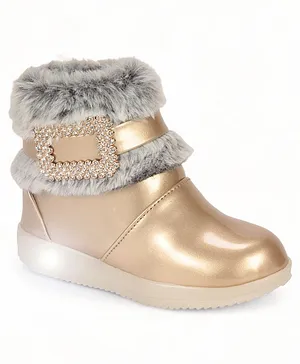 Lil Lollipop Stone Detailed Fur Embellished Zipper Party Boots With LED Light & Glossy Finish - Gold
