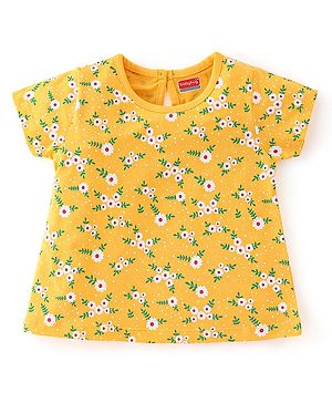 Babyhug Cotton Knit Half Sleeves Floral Print T-Shirt - Yellow