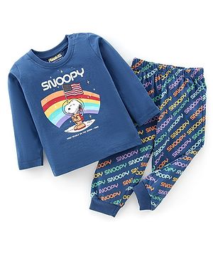 Babyhug Cotton Knit Full Sleeves Night Suit With Snoopy In Space Print - Navy Blue