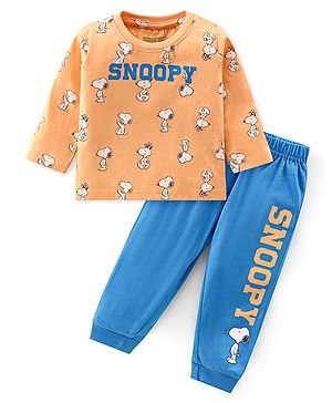 Babyhug Cotton Knit Full Sleeves Night Suit With Snoopy Print - Orange & Blue