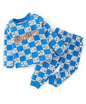 Babyhug Cotton Knit Full Sleeves Night Suit With Snoopy Print Checkered - Blue & Grey