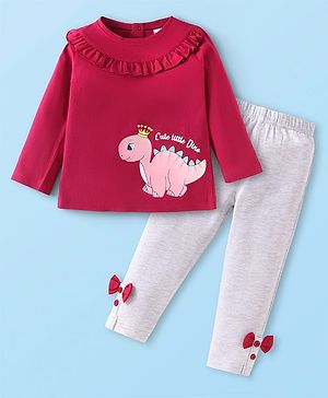 Babyhug Single Jersey Knit Full Sleeves Top & Lounge Pant Set with Frill Detailing & Dino Print - Maroon & White