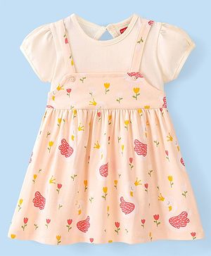 Babyhug 100% Cotton Half Sleeves Frock Flower Print - Peach