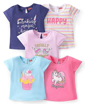 Babyhug 100% Cotton Half Sleeves T-Shirt with Text & Unicorn Graphics Pack Of 5 - Multicolour