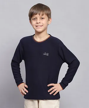 Monte Carlo Full Sleeves Placement Text Printed  Cotton Pullover - Navy Blue