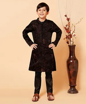 Piccolo Full Sleeves Seamless Vintage Wild Forest Flowers Organza Printed & Beads Embellished Kurta With Pyjama - Black