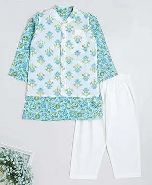 IndiUrbane Full Sleeves Floral Printed Kurta & Pyjama With Jacket Set - Turquoise Blue