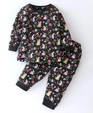 CUCUMBER Sinker Full Sleeves Bunny Printed Night Suit - Charcoal Black