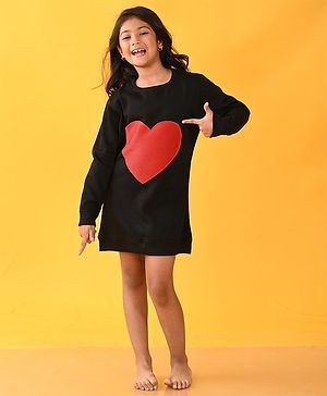 Anthrilo Full Sleeves Heart Detailed Sweatshirt Fleece Dress  - Black