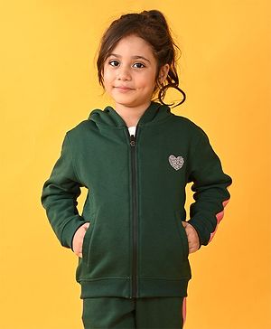 Anthrilo Full Sleeves Shimmer Heart Embellished Glitter Tape Detailed Zipper Hoodie - Green