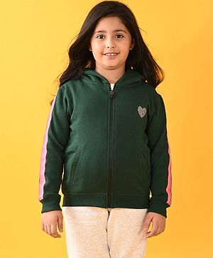 Anthrilo Fleece Full Sleeves Glitter Heart & Side Tape  Embellished Hooded Jacket - Green