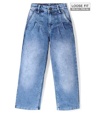 Pine Kids Cotton Elastane Woven Full Length Washed Denim Jeans - Medium Blue