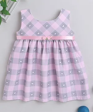 Many Frocks & Sleeveless Hearts Printed Dress -  Pink & Grey
