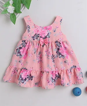 Many frocks & Sleeveless Floral Printed & Bow Detailed Tiered Dress - Pink