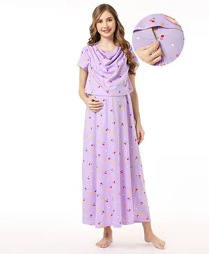 Bella Mama 100% Cotton Knit Half Sleeves Concealed Zipper Nursing Nighty Cherry Print - Purple