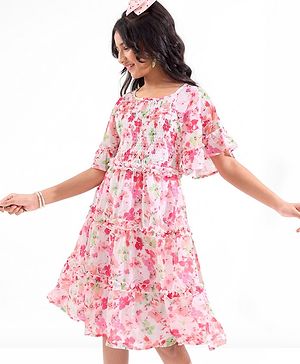 Pine Kids Woven Flared Sleeves All Over Floral Printed Tiered Dress - Pink