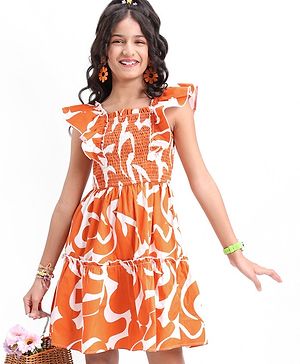 Pine Kids 100% Cotton Woven Ruffled Sleeves All Over Abstract Printed Dress - Orange