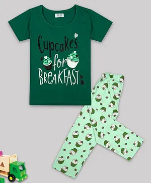 Sheer Love Half Sleeves Cupcakes Printed Tee And Pajama Set - Green