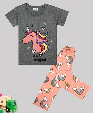 Sheer Love Half Sleeves Unicorn Printed Tee And Pajama Set - Charcoal Melange Grey