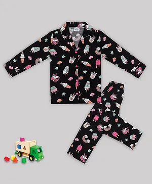 Sheer Love Full Sleeves Unicorn & Cupcake Printed  Pajama Set - Black