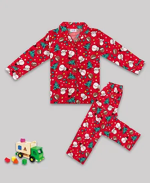 Sheer Love Christmas Theme  Full Sleeves Snowman Printed  Pajama Set - Red