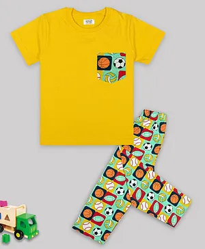 Sheer Love Half Sleeves Sports Theme Printed Tee And Pajama Set - Yellow