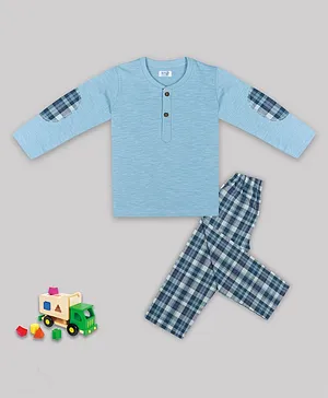 Sheer Love Full Sleeves Plaid Checked Detailed Tee And Pajama Set - Blue