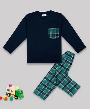Sheer Love Full Sleeves Plaid Checked Detailed Tee And Pajama Set - Navy Blue