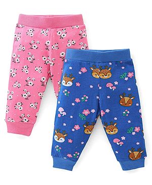 Babyhug Cotton Jersey Knit Full Length Lounge Pants Floral Print Pack of 2 - Pink & Blue