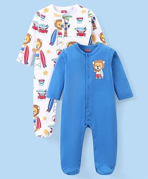 Babyhug Cotton Knit Full Sleeves Sleepsuits With Animal Print Pack Of 2 - Multicolor
