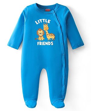 Babyhug Interlock Full Sleeve Footed Sleepsuit Lion & Giraffe Print - Blue