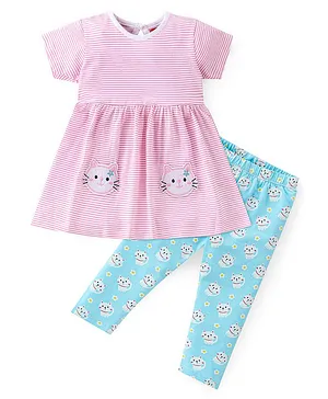 Babyhug 100% Cotton Knit Half Sleeves Frock Kitty Patch With Leggings - Pink