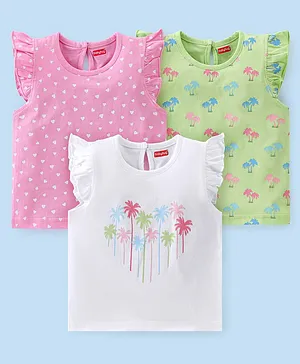 Babyhug Cotton Knit Frill Sleeves Trees Print T-Shirts Pack of 3 - Multicolour
