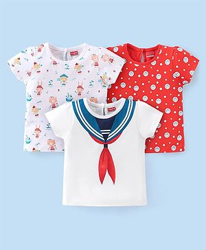 Babyhug Cotton Knit Half Sleeves T-Shirts with Frill Detailing Teddy Print Pack of 3 - Multicolour