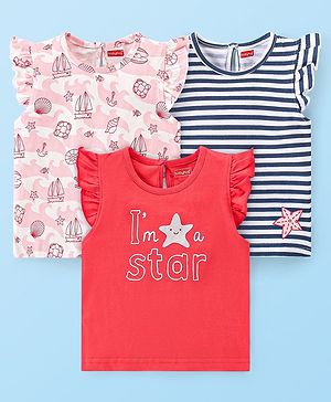 Babyhug 100% Cotton Knit Frill Sleeves Tops Boat Print Pack of 3 - Multicolour