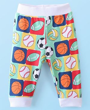 Babyhug Cotton Looper Knit Full Length Lounge Pant Foot Ball Print - Multicolour