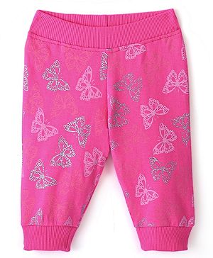 Babyhug Cotton Looper Knit Full Length Lounge Pants Butterfly Print- Fuschia