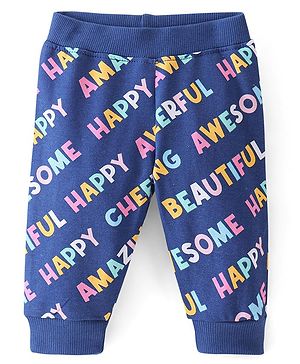 Babyhug Cotton Looper Full Length Lounge Pant With Text Print - Navy Blue