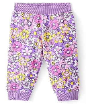 Babyhug Cotton Looper Knit Full Length Floral Print Lounge Pant - Purple