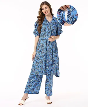 Bella Mama Half Sleeves Maternity Suit Set With Pocket Floral Print - Blue