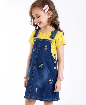 Ollington St. 100% Cotton Half Sleeves Inner T-Shirt & Frock With Floral Print & Embroidery - Yellow & Blue