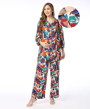 Bella Mama Viscose Full Sleeves Maternity Night Suit Floral Print - Red & Navy Blue