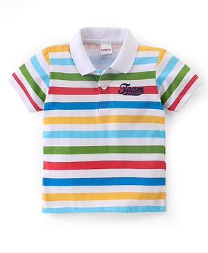 Babyhug Cotton Knit Half Sleeves Striped Polo T-Shirt with Applique Detailing - Multicolour