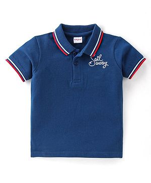 Babyhug Cotton Knit Half Sleeves Text Embroidered Polo T-Shirt - Navy Blue
